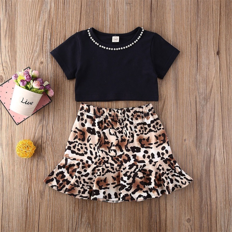 Conyson Wholesale Summer Fashion Short Sleeves Vest with Pearls+Vintage Leopard Printed Skirt 2Pcs Kids Baby Girls Clothing Sets