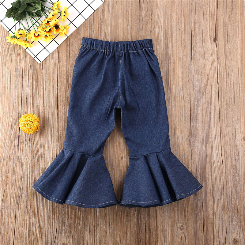 Conyson Spring Fall Bell Bottom Leggings Casual Skinny Stretchy Flared Blue Jeans Buttons Double Pocket Baby Girl Ruffle Pants