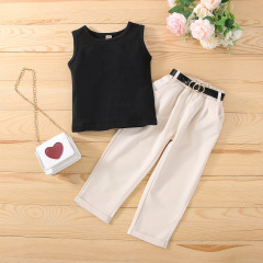 Conyson New Design girl clothing Sleeveless boutique Off Shoulder tops + Sollid Waiet Pants 2 pcs summer girl clothing set