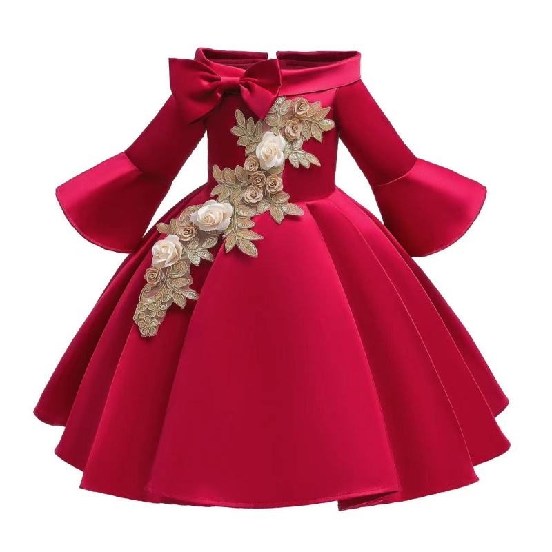 Conyson Formal Little Girls Princess Dress Off Shoulder Medium Sleeve Floral Dresses Zip Party Wear Kids Girl Evening Dress