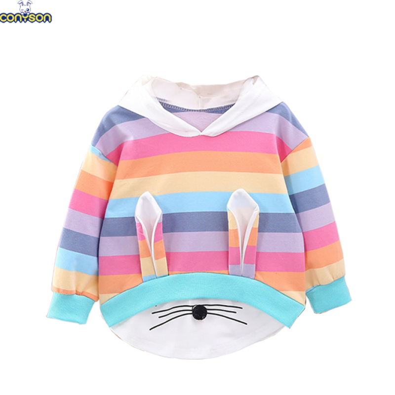 Conyson wholesale fashion boutique autumn sweaters baby Kids Clothing Girls Rainbow hoodie Rabbit Ear clothes long Sleeve Dress