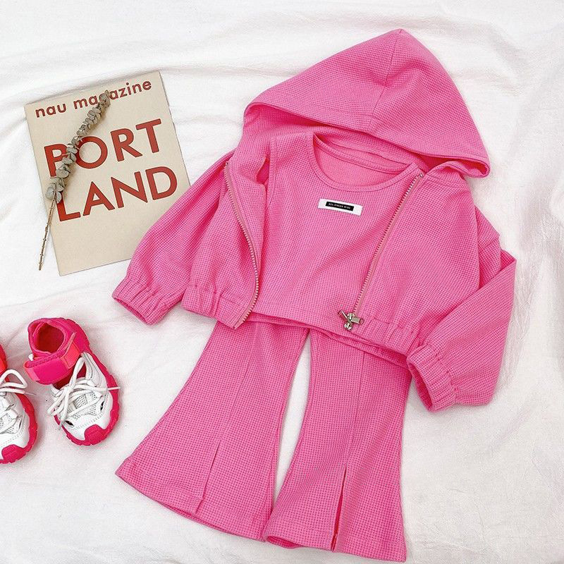 Conyson Casual Summer Kids Girl Sports Clothes Zip Hoddie Set Cotton Flared Cotton Pant Vest 3pcs Outfits Girls Tracksuit Suits