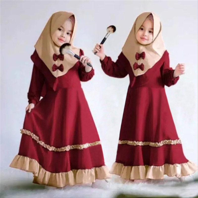 High Quality Islamic Clothing Muslim Girls Eid Dress Abaya Kids Conservative Long Skirt Bow Scarf Solid Color Ruffles Two Pieces