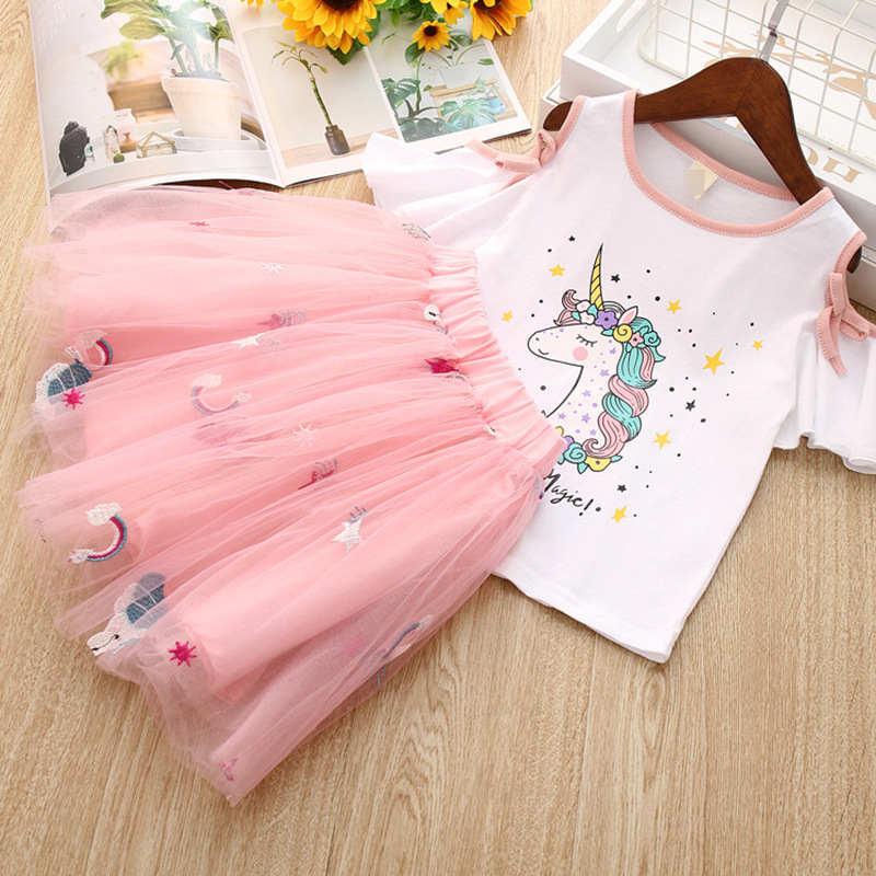 Pink Hot Sale Unicorn Skirt Fall Wholesale Baby Girls Children Boutique Off Shoulder Casual Summer Kids Clothing Princess Dress
