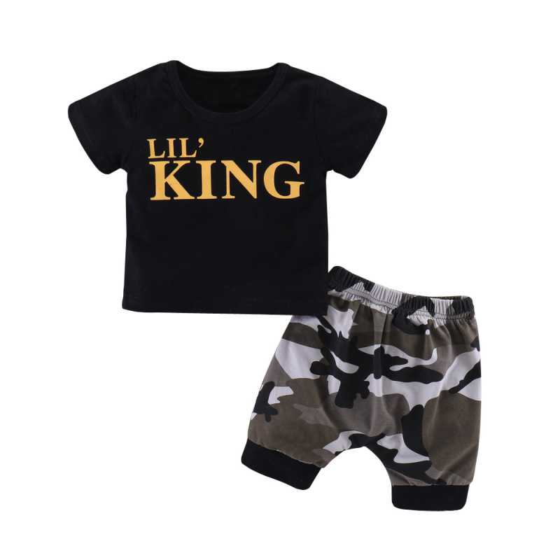 Wholesale Letter Print Short Sleeve Cotton Knitted Kids Toddler Boys Summer 2 Piece Clothes Set