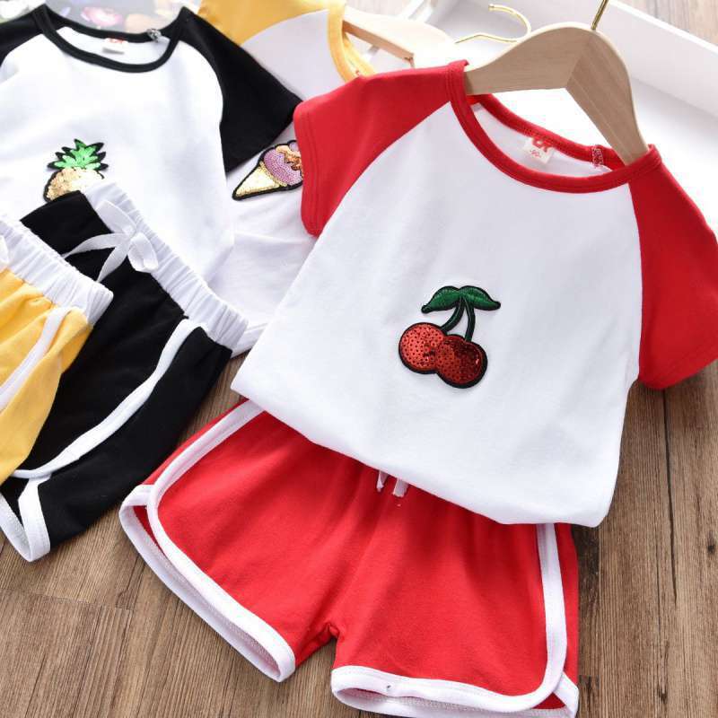 Hot sale summer Korean trend print cartoon patchwork sweet casual short sleeve o-neck t-shirt shorts baby girl suit clothes sets