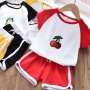 Hot sale summer Korean trend print cartoon patchwork sweet casual short sleeve o-neck t-shirt shorts baby girl suit clothes sets