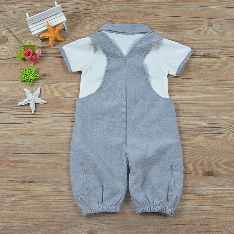 Conyson Wholesale Kids Baby Clothes Summer Causal Outfit Boys Gentlemen Stand Collar Short Sleeves Shirts+Suspender Clothing Set