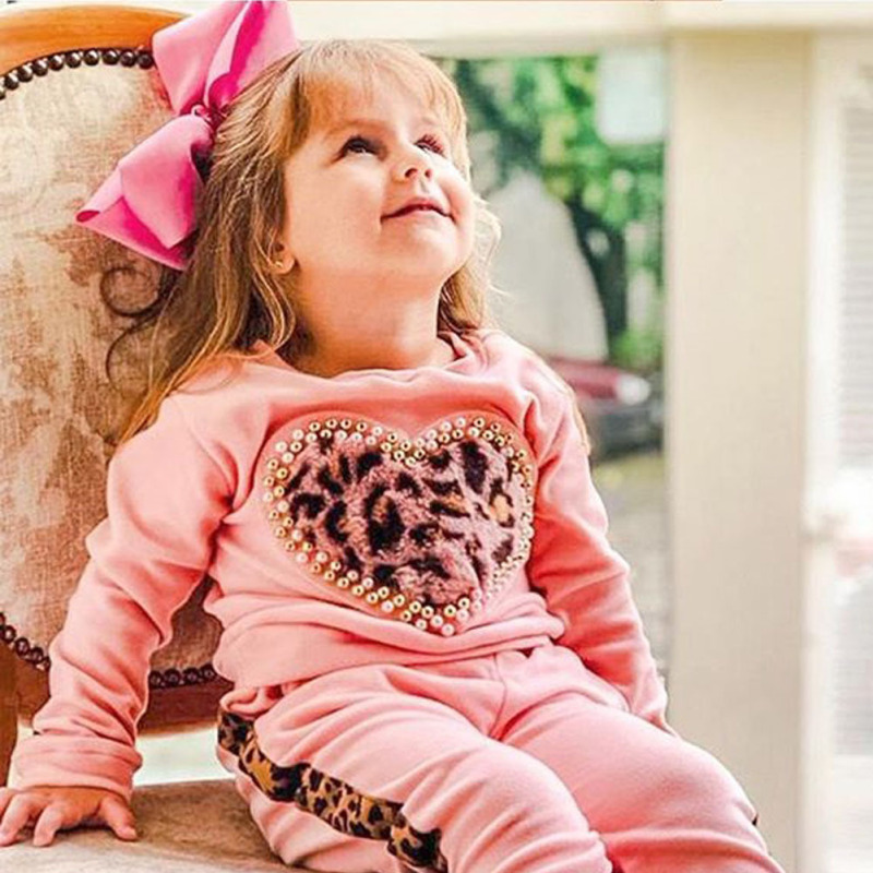 Conyson Valentine's Day Gift New Toddler Kid Baby Girl Winter Clothes Sets Long Sleeve Leopard Tops Long Pants Outfit Tracksuit