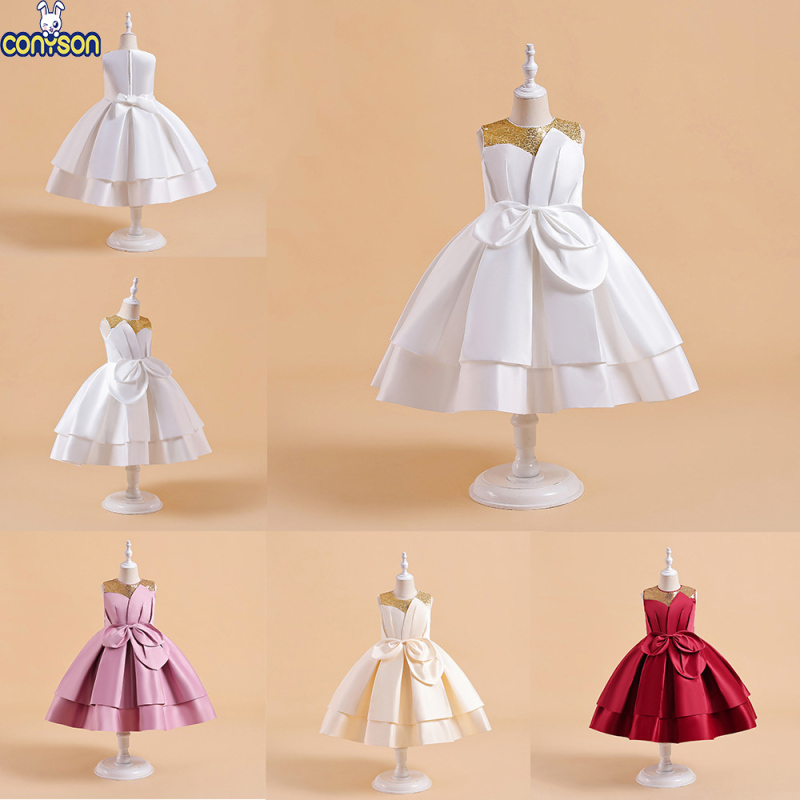 Conyson New Style Summer Princess Dress Kid Festival Wedding Gown Sleeveless Party Slik Sequin With Big Bow Tutu Girls Dresses