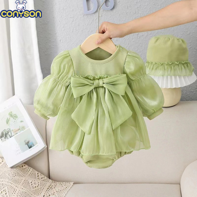 Conyson Low MOQ Wholesale Plain Cotton Baby Jumpsuit Newborn Girl Long Sleeve Bowknot Clothes Infant Girls' Spring Baby Rompers
