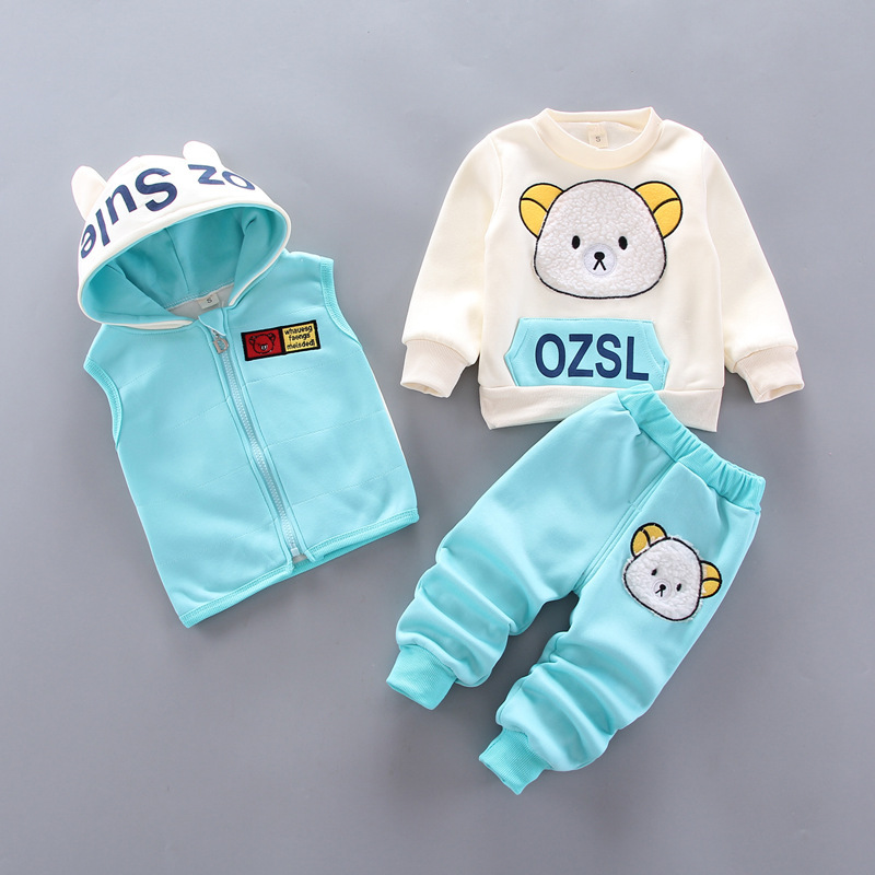 Conyson Autumn Winter Baby Boys Clothes Sets Thick Fleece Cartoon Bear Jacket Vest Pants 3Pcs Cotton Sport Suit For Girls Warm
