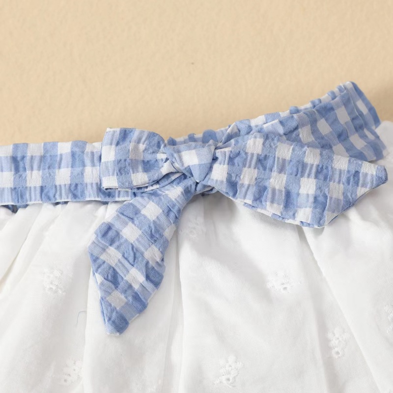Conyson Hot Wholesale Summer Pastoral Style Sleeveless Shirring Design Bowknot 1 to 6 years old clothing Little girls set