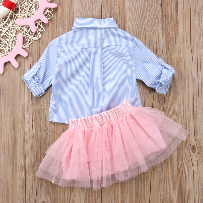 Conyson Stripe Blouse+Tutu Mesh Skirt Outfit Sets Turn-down Collar Long Sleeve Shirt Pink Tulle Dresses Baby Girls 2pcs Suit Set