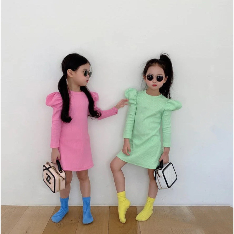 Conyson Wholesale Spring Korean girls knitted elastic slim dress Flutter sleeve candy-colored T-shirt baby dress