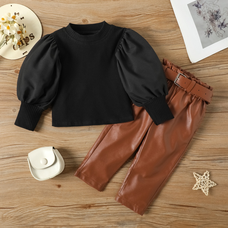 Conyson Casual Kids Girl Clothes Knit Sweater Leather Pants Outfits Long Puff Sleeved Top Pu Trousers Elegant 2pcs Girls Set