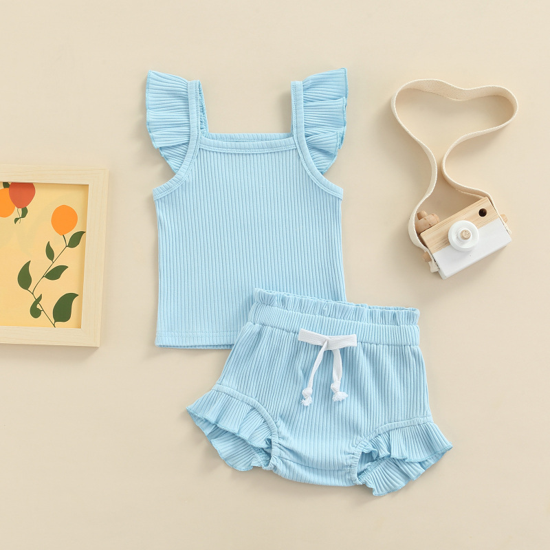 Conyson Hot Newborn Infant Baby Girl Two-Piece Solid Outfits, Solid Color Flying Sleeve Romper + Elastic Drawstring Short Pants