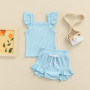 Conyson Hot Newborn Infant Baby Girl Two-Piece Solid Outfits, Solid Color Flying Sleeve Romper + Elastic Drawstring Short Pants