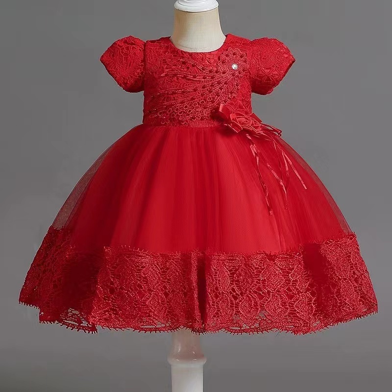 Conyson Hot Wholesale European Style Embroidery Design Frill Hem Solid Puff Sleeve Elegant New Girls floral Princess Dress