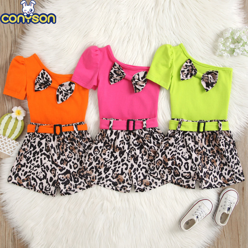 Conyson Summer Fashion Kids Girls Clothes Sets 3pcs Leopard Printed One Shoulder T-shirts Tops Shorts With Belt Baby Casual Suit