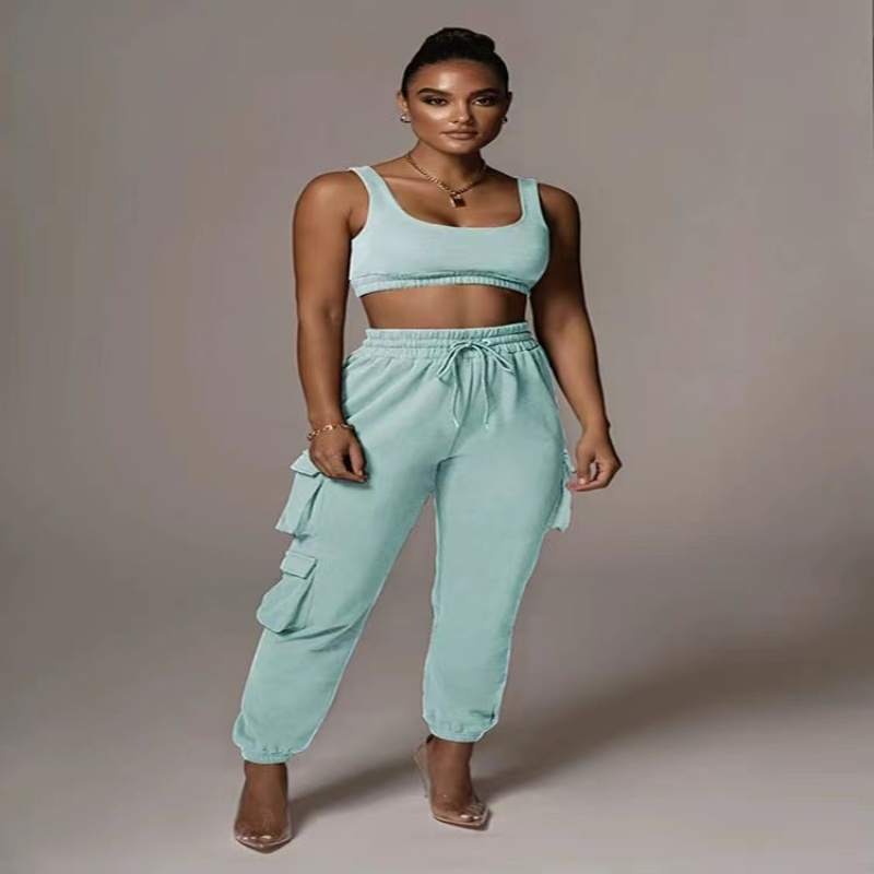 Conyson Hot Sale Custom Sport Gym Pullover Three-dimensional Pocket Pinching Pants Plain Crop Top Oversized Women's Vest Set