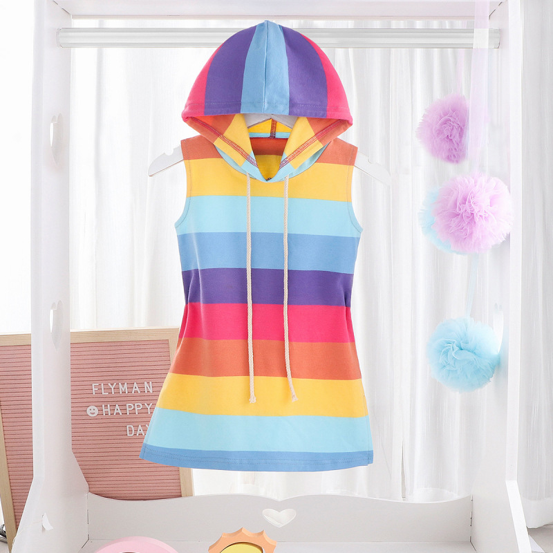 Clothes Colorful Stripe Outfit Hooded Dress New Summer Fashion Lovely Vest Hooded Frock Children Rainbow Stripe Girl Dress
