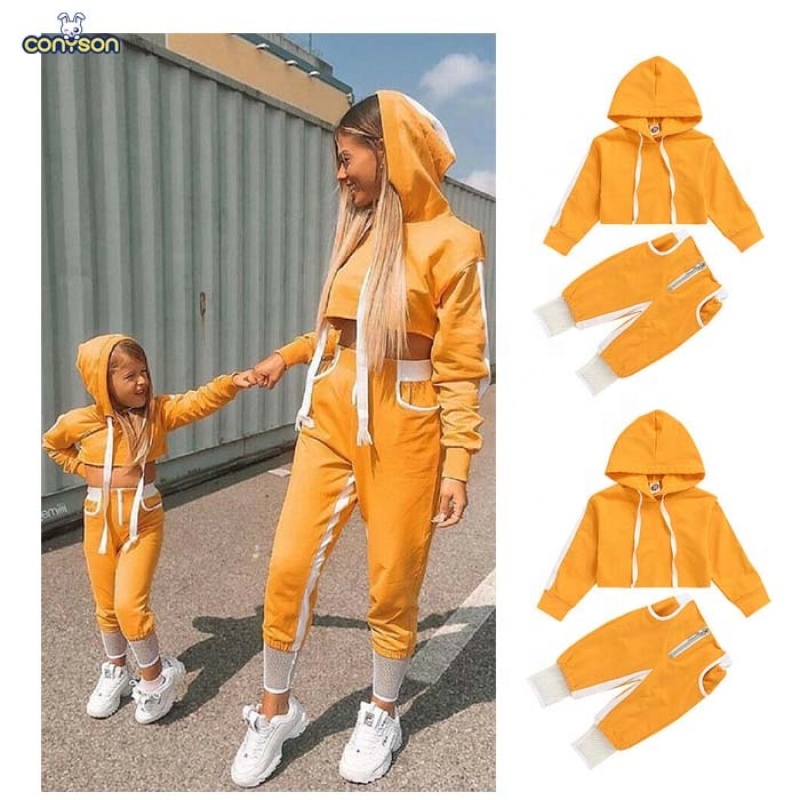 Conyson Baby Girls Sportswear Spell Color Long Sleeve Pullover Hood Crop Tops Mesh Desgin Long Pants Jogging Tracksuit Outfit