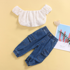 Conyosn New Hot Sale Summer Fashion Baby Girls Clothes Sets 2pcs Lace Floral Off Shoulder Short Sleeve T-Shirts Blue Denim Pants