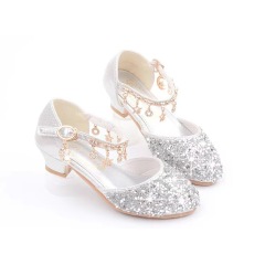 Conyson High Quality Overstocked Leftover Korean Style Pure Color Shiny Sequins Kids Girls Performance High-heeled Shoes