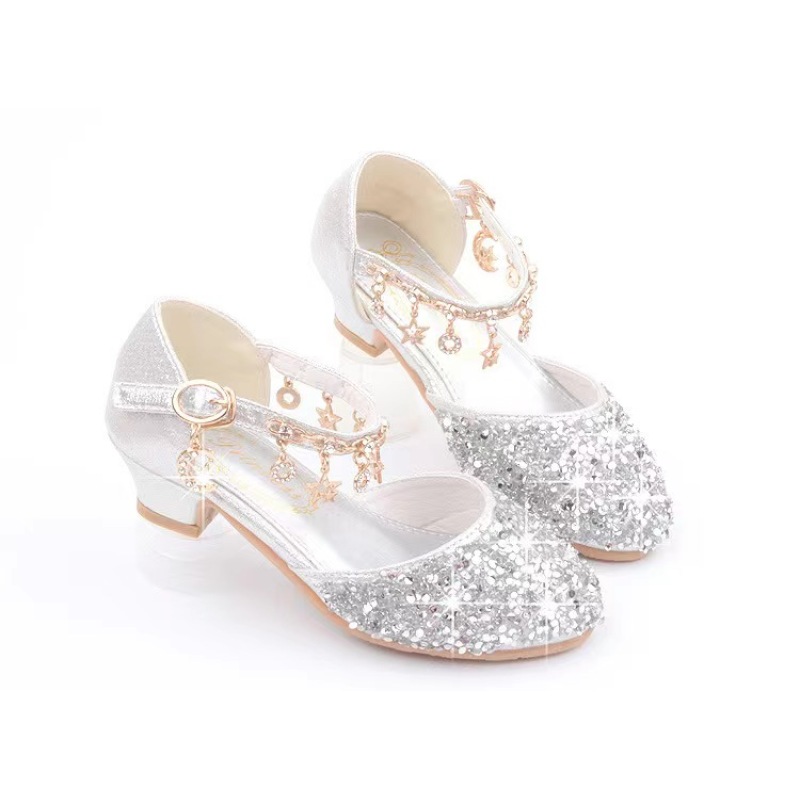 Conyson High Quality Overstocked Leftover Korean Style Pure Color Shiny Sequins Kids Girls Performance High-heeled Shoes