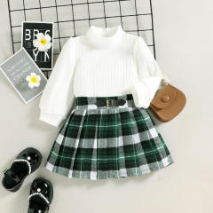 2022 Autumn Winter Kids Clothes Set Fashion Style High Collar Long Sleeve White Blouse Green Checkered Skirt 2Pcs Girls Outfits