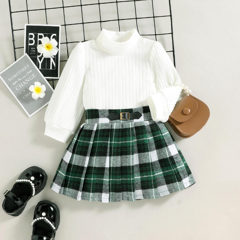 2022 Autumn Winter Kids Clothes Set Fashion Style High Collar Long Sleeve White Blouse Green Checkered Skirt 2Pcs Girls Outfits