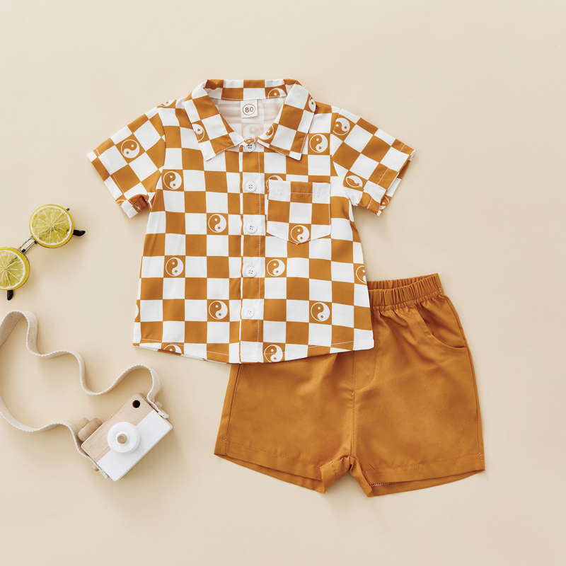 Conyson Summer Casual Kids Boys Clothes Sets Plaid Printed Short Sleeve Single Breasted Shirts+Shorts Patchwork Children Outfit