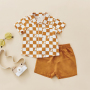 Conyson Summer Casual Kids Boys Clothes Sets Plaid Printed Short Sleeve Single Breasted Shirts+Shorts Patchwork Children Outfit