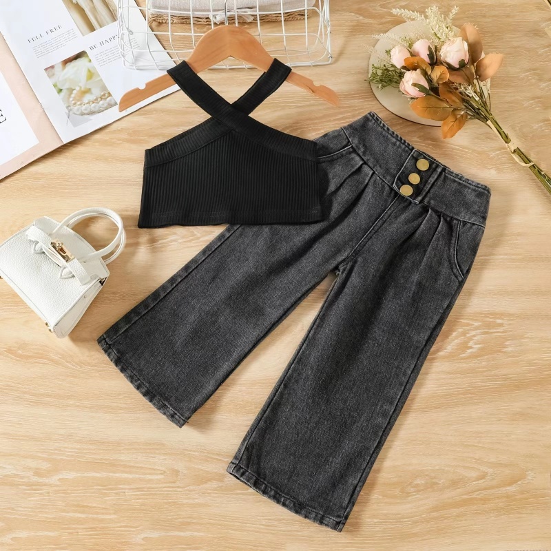 Conyson Newest Fashion Style Summer Cross Off-the-shoulder Halter-neck Tank Top And High Waist Jeans Kids Two Piece Cotton Set