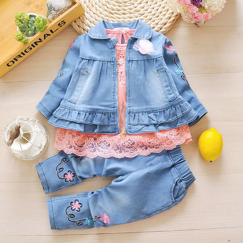 Elegant Baby Girls' Clothing Sets Children'S Suit Floral Lace 3 Pieces Jeans Cotton 3 Years Newborn Baby Girls Clothes Set