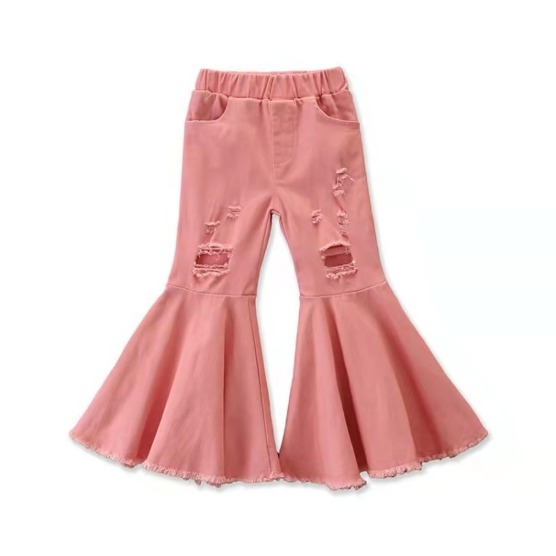 Conyson Design Ripped Jeans Toddler Girl Bell Bottoms Holes Print Girl Jeans Bell Bottom Pants Girls Elastic Waist Trousers