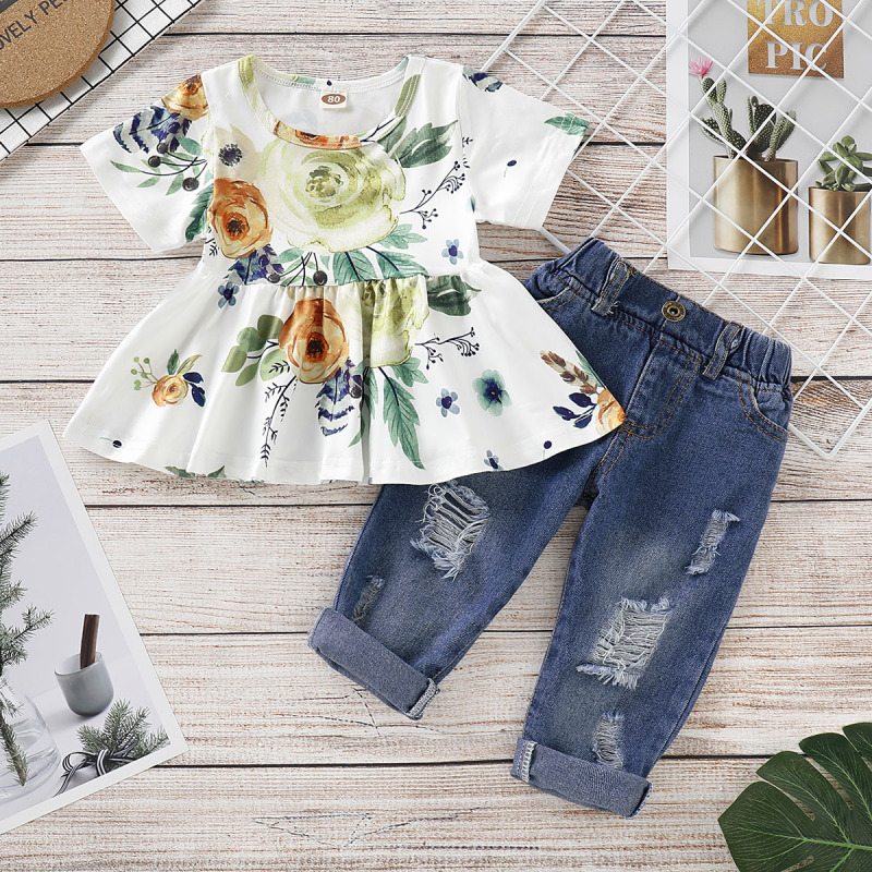 Hot sale 2021 Summer Popular  Fashion baby Girls Print ruffle Tops  ripped jeans denim Trousers Clothing sets