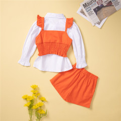Conyson Wholesale New Trendy Market Blouse Long Sleeves Boutique Ruffle Korean Kids Wear 3 Pieces High Waist Summer Girls Sets