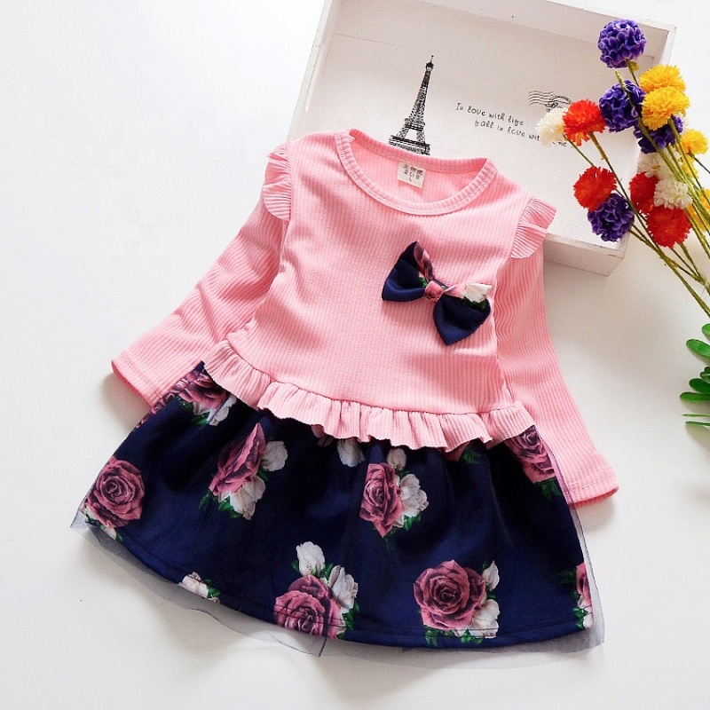 2021 New Girls Casual Little Floral Dresses Cute Bow Baby Girl Fall Clothes Girls Long Sleeve Dress