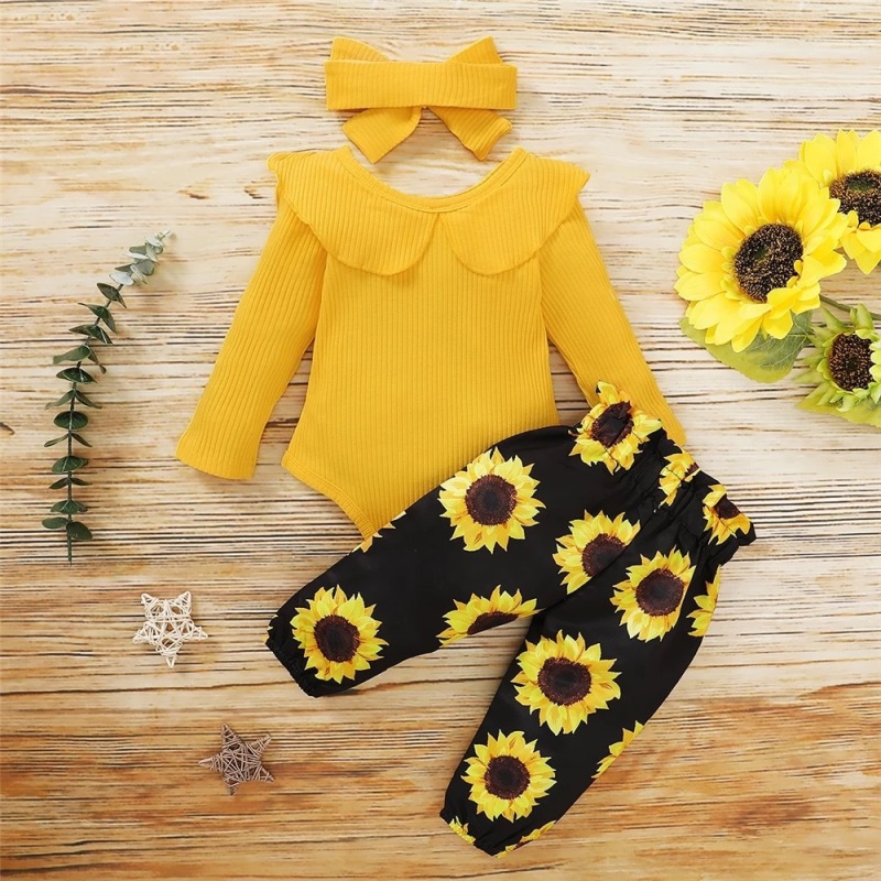 Latest Style Baby Autumn Print Cute Cotton 3pcs Outfits Infant Floral Printed Clothing Set Baby Romper Pants Clothes Set