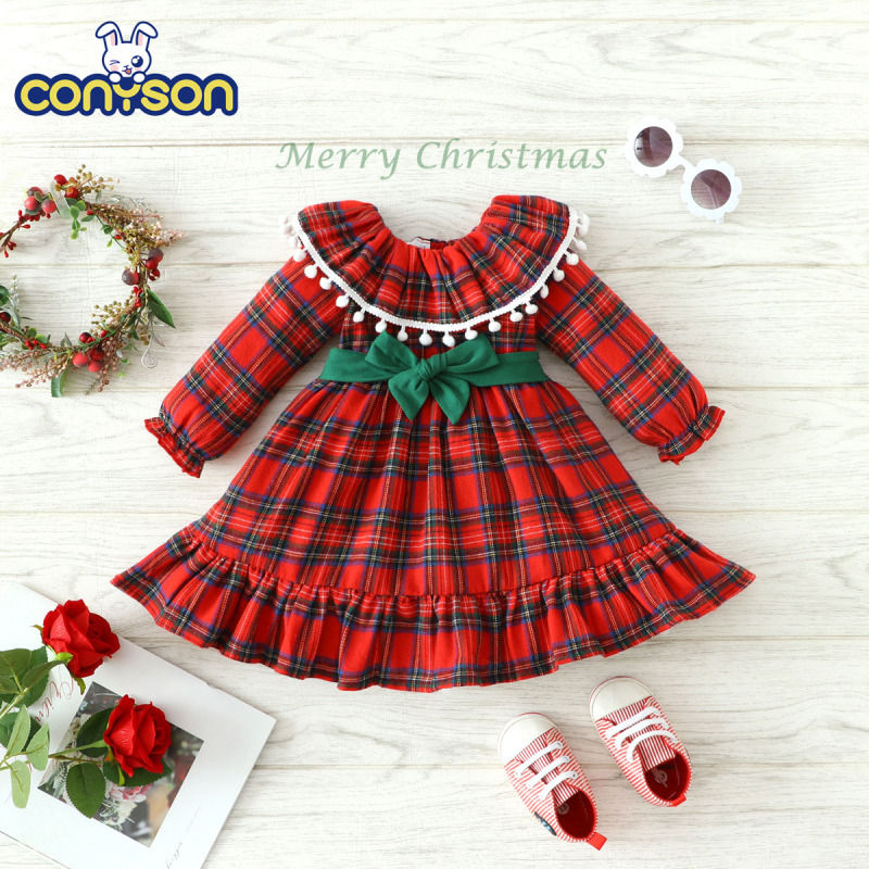 Conyson Toddler Kids Baby Girls Christmas Outfit Long Sleeve Red Princess Dress with Belt Children Santa Gifts Baby dress