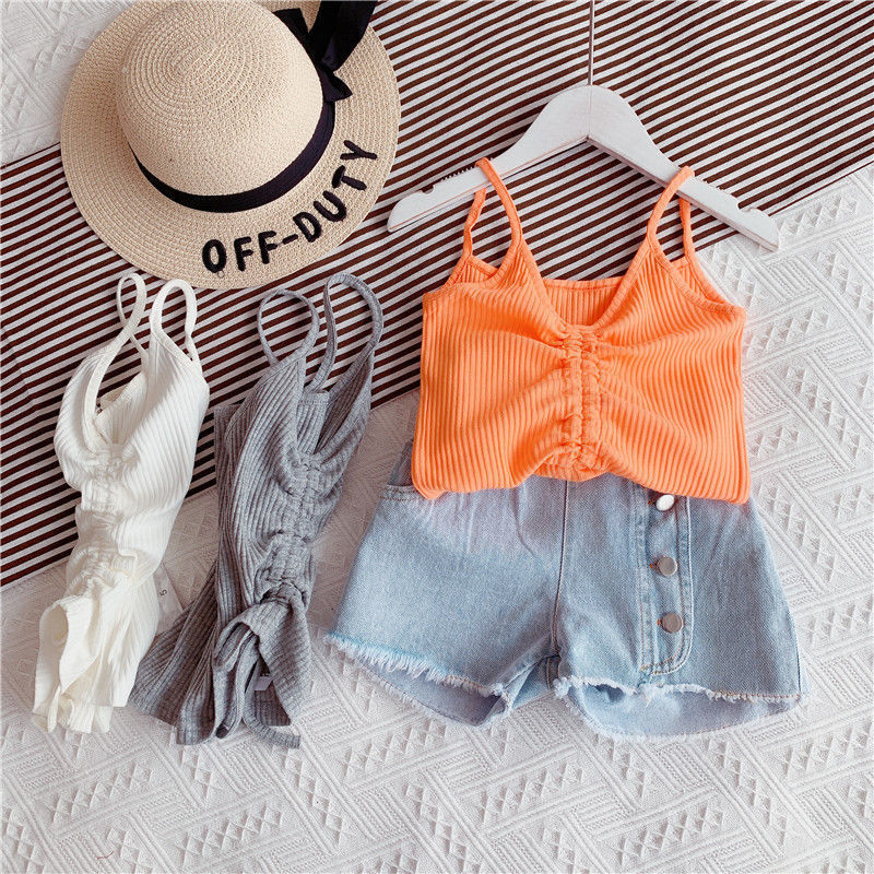 Conyson Fashion Boutique Summer Children Shirt Knit Top Cotton Solid Sleeveless Ruffler Kids Girl Clothes Vest