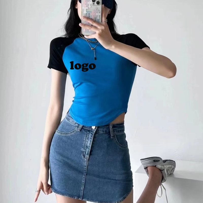 Conyson Hot Sale Custom Print Plain Summer Cotton Slim Fit T Shirt Short Sleeve Curved Hem Splicing Hits Two Color T-shirt Women
