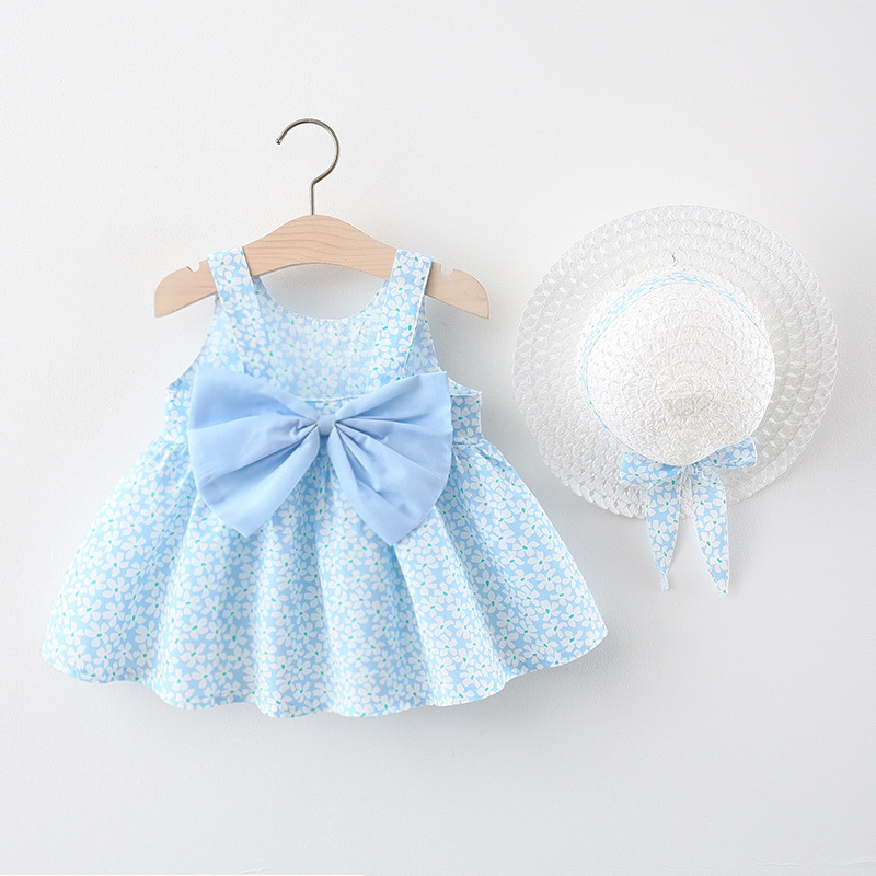 Conyson Wholesale Summer New Design Fashion Korean Sweet Kids Clothes Suit Princess Bowknot Dresses+Hat Baby Girls Clothing Set