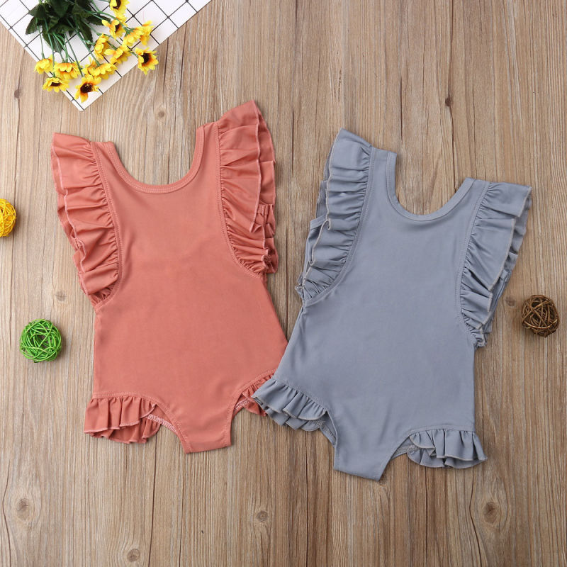 Conyson Cute Toddler Kids Baby Girls Swimwear Ruffles Sleeve Solid One Piece Summer Swimsuit Bathing Suit Bikini Clothes Kids