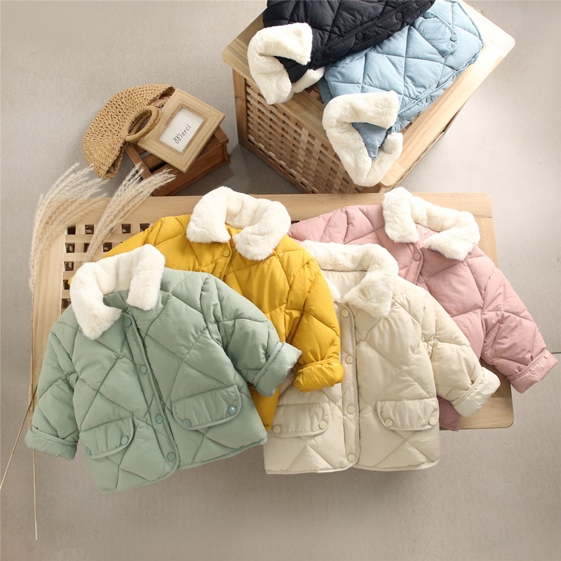 Loose Down Cotton Padded Jacket Baby Boy Girl Clothing Solid Color Diamond Plaid Fleecy Wool Collar Coat