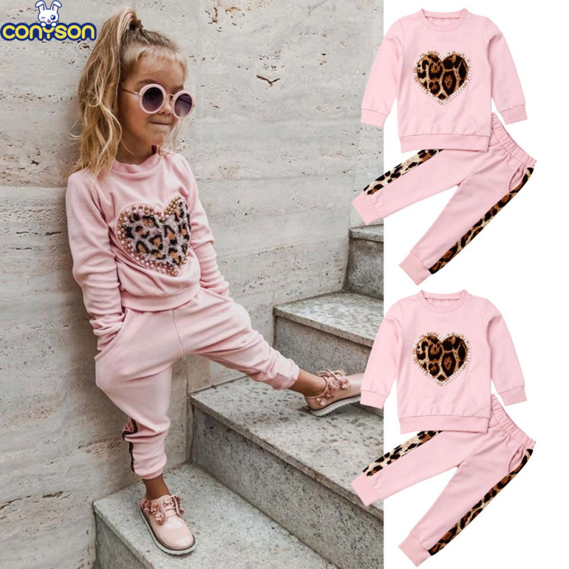 Conyson Valentine's Day Gift New Toddler Kid Baby Girl Winter Clothes Sets Long Sleeve Leopard Tops Long Pants Outfit Tracksuit
