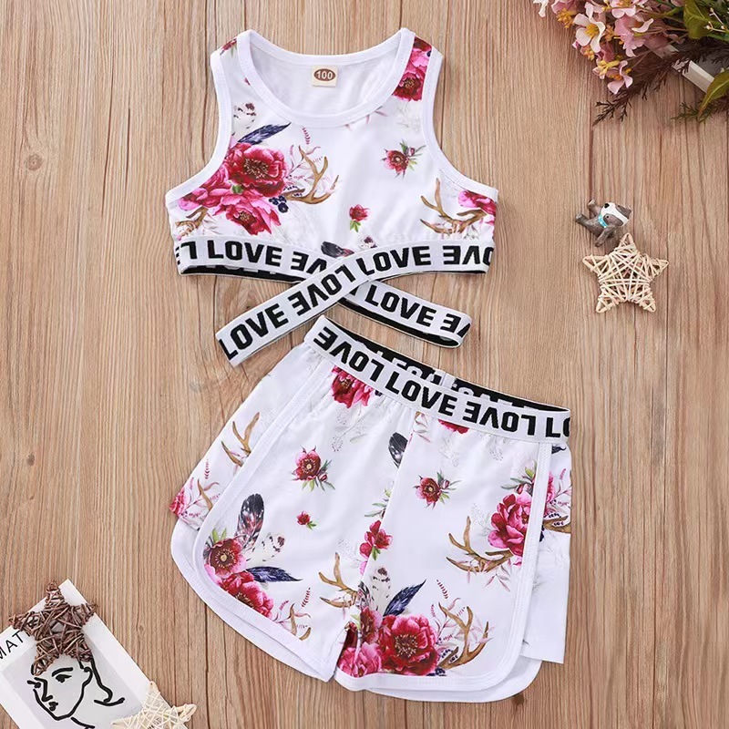 Conyson Summer Fashion Little Girls Tracksuits Flower Printing Sleeveless Vest Shorts 2pcs Sportswear Children Girls Outfits