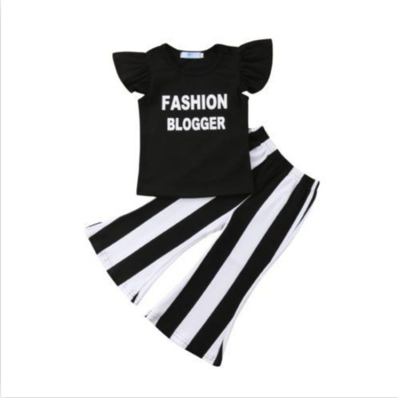 Stripe Pants Kids Girls Cotton Short Sleeve Set Girls Summer Cotton Printed Striped Bottoms Baby Two Piece Sets Outfits